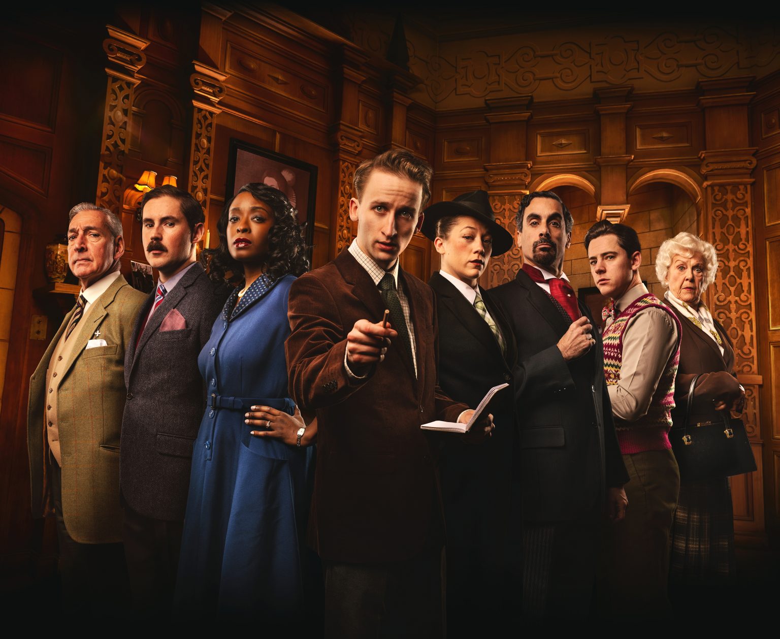 Mousetrap cast image showing a host of classic 'whodunnit' characters